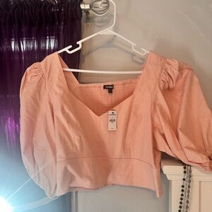 Express Women’s Pink Blush Cropped Top, fitted with puffy sleeves